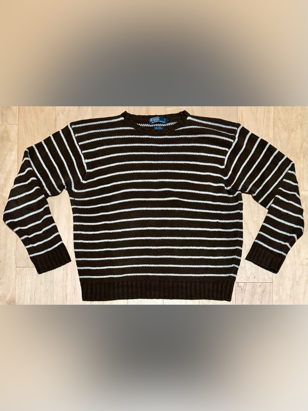 VTG Polo Ralph Lauren Linen Cotton Crewneck Sweater Brown Striped Men’s Large